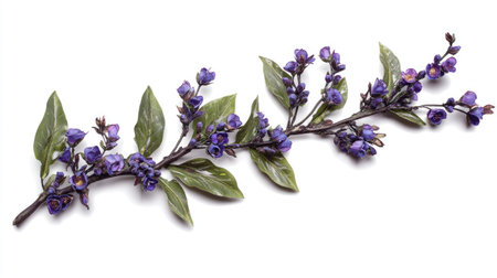 A lavender sprig gently bending, with vibrant purple flowers in bloom, isolated on white.の素材