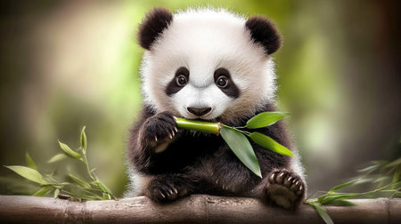 Playful baby panda sitting with a piece of bamboo in its mouth, surrounded by greenery, showcasing its adorable eating habits.の素材