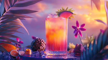 A highball glass with a tropical cocktail sitting on a podium, surrounded by decorative garnishes and soft lighting.の素材