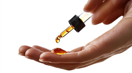 A hand with clear serum dripping onto it, the dropper held delicately in the other hand for a beauty product close-up.の素材