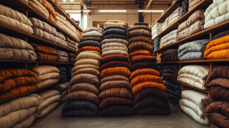 A mountain of plush winter jackets in earthy tones, stacked in a well-lit store, ready for cold weather adventures.の素材