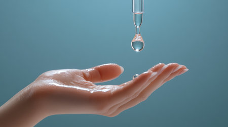 A hand with a few drops of clear serum, capturing the moment of the dropper's liquid falling gently onto the skin.の素材