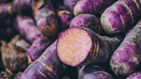 A pile of purple sweet yams with one sliced open in the foreground, emphasizing its striking color contrast.の素材