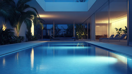 Luxury swimming pool in a modern villa courtyard, with tropical plants and sleek furniture creating an inviting, tranquil space, no people.の素材