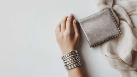 A hand with silver bracelets holding a chic wallet, placed on a minimalistic white surface with soft lighting.の素材