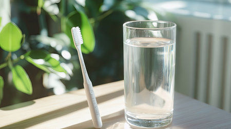 A new toothbrush leaning against a tall, clear glass of water, with a hint of natural light.の素材