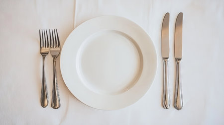 A bright and clean setting with a ceramic plate, fork, and knife laid out separately on a crisp white tableclothの素材