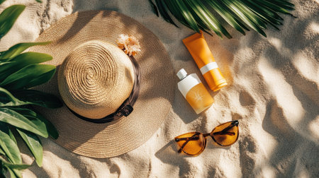 A beach day setup with sun protection gear such as a hat, sunscreen, and sunglasses laid out on the sand, ready for a relaxing time by the seaの素材