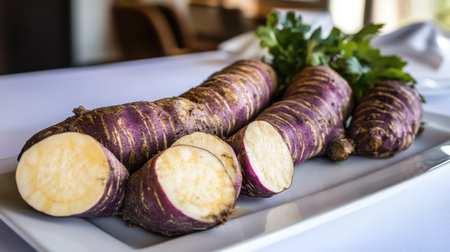 A group of purple sweet yams, some whole and some sliced, arranged on a white plate for a clean presentation.の素材