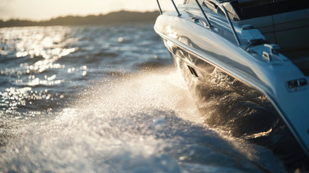 A close-up of the foamy wake behind a speedboat, capturing the textures and movement of the swirling water.の素材