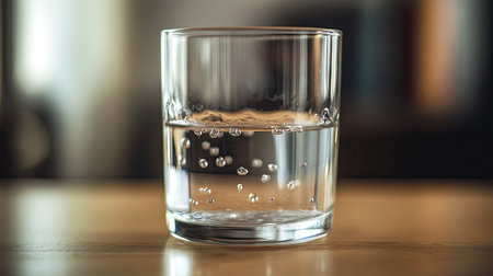 A close-up shot of a glass with water droplets on its surface, showcasing the droplets in sharp focus against a blurred backgroundの素材