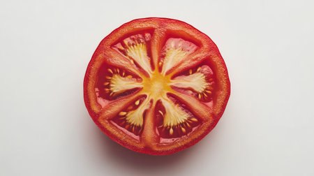 A round tomato slice with a symmetrical pattern of seeds and pulp, placed against a clean white background.の素材