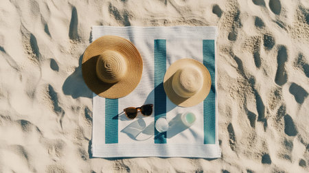 A beach towel with sunscreen, sunglasses, and a sun hat arranged neatly on the sand, perfect for an enjoyable seaside dayの素材