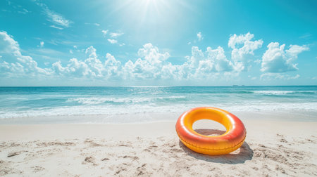 A bright inflatable ring on a sandy beach, with the sun shining and blue skies above, perfect for a summer day at the shoreの素材