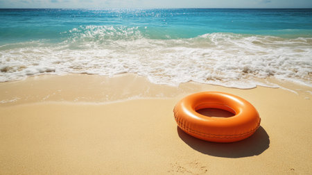 An inflatable ring resting on the warm golden sand of a beach, with the ocean gently lapping at the shore in the backgroundの素材