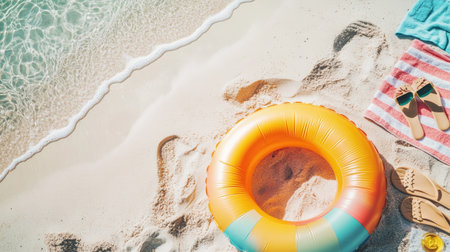 A brightly colored inflatable ring on the sandy beach, surrounded by beach essentials like sunscreen, flip-flops, and a towelの素材