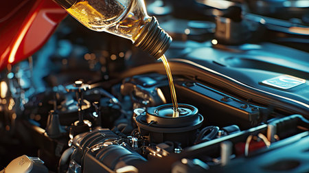 A close-up of a car's engine being filled with fresh engine oil from a lubricant bottle, with engine parts visible in the backgroundの素材