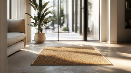 A chic, urban doormat placed inside an apartment's entryway, surrounded by contemporary furnitureの素材