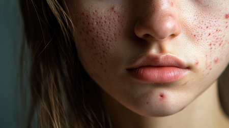 A portrait of a woman with visible pimples, captured in soft focus, showcasing her natural skin texture.の素材