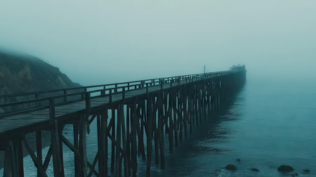 A dramatic view of a long wooden pier stretching into a misty sea, with the water blending into the fog.の素材