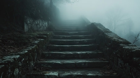 A foggy stone staircase with cracked steps leading up into the unknown darkness above.の素材