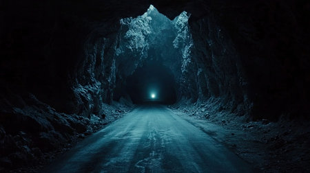 A dramatic shot of a dark road inside a rocky tunnel, with a piercing light shining from the end.の素材