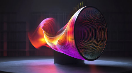 A futuristic speaker emitting sound waves in various bright colors, symbolizing music energy.の素材