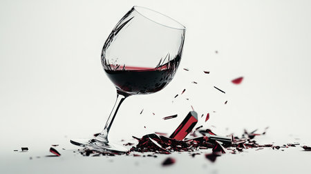A dramatic shot of a broken wine glass with its shards scattered across a white surface, a few drops of wine visible.の素材