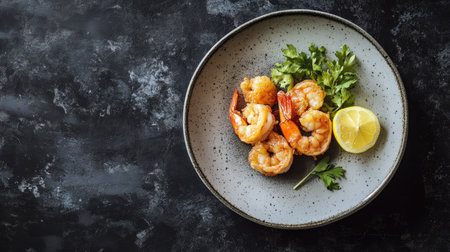 A fresh and crispy shrimp tempura dish served on a plate with a lemon wedge, placed against a dark textured background.の素材