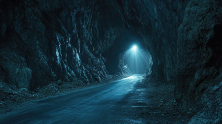 A dramatic shot of a dark road inside a rocky tunnel, with a piercing light shining from the end.の素材