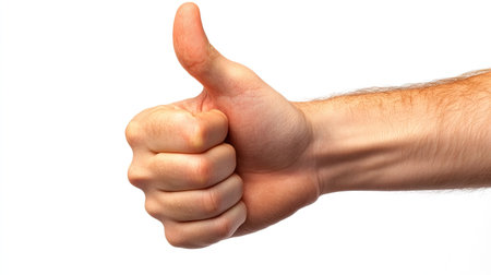 A firm thumbs-up from a hand with a strong grip, isolated on a clean, bright white background.の素材