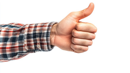 A friendly and natural thumbs-up from a well-groomed hand, isolated on a bright white background, perfect for business or social media.の素材
