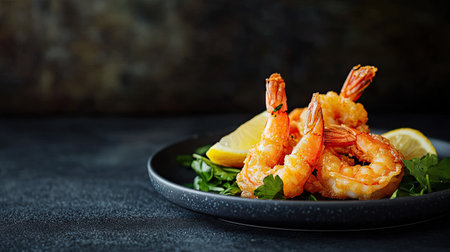 A fresh and crispy shrimp tempura dish served on a plate with a lemon wedge, placed against a dark textured background.の素材