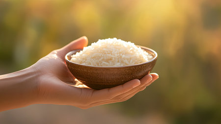A hand holding a bowl of white rice against a softly blurred, natural-toned background.の素材