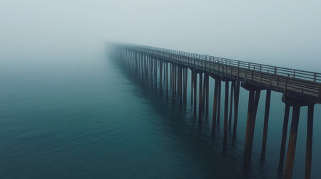 A dramatic view of a long wooden pier stretching into a misty sea, with the water blending into the fog.の素材