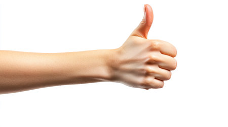 A female hand with smooth skin giving a thumbs-up, isolated on a white backdrop, with soft and natural lighting.の素材