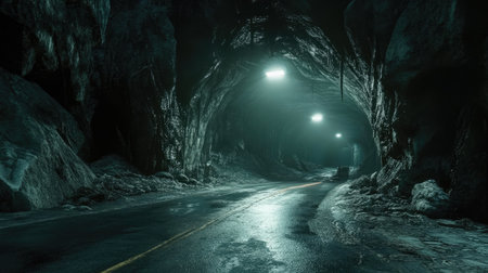 A dramatic shot of a dark road inside a rocky tunnel, with a piercing light shining from the end.の素材