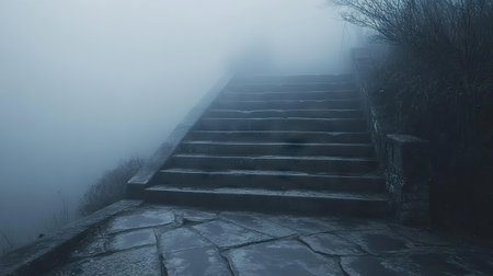 A foggy stone staircase with cracked steps leading up into the unknown darkness above.の素材