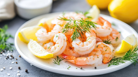 A fresh seafood appetizer with shrimp on a white plate, surrounded by lemon wedges and fresh dill.の素材