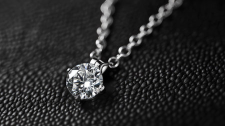 A fine jewelry close-up of a radiant diamond pendant, delicately resting on a black textured background.の素材