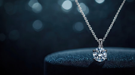 A glamorous jewelry showcase of a diamond pendant necklace, elegantly positioned against a dark background.の素材