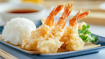 A gourmet food shot of shrimp tempura with a side of rice, placed against a clean, minimalistic background.の素材