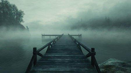 A dramatic view of a long wooden pier stretching into a misty sea, with the water blending into the fog.の素材