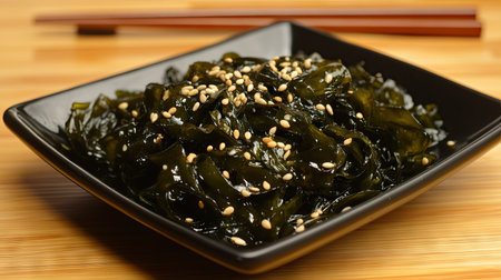 A gourmet serving of wakame seaweed salad with sesame seeds, plated on a sleek black dish with a pair of chopsticks on the side.の素材