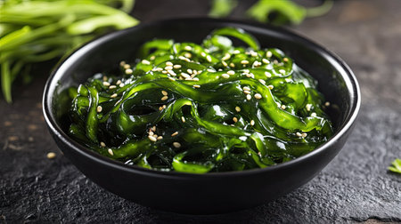 A fresh and healthy wakame seaweed salad with sesame seeds, served in a black bowl, placed on a dark textured background.の素材