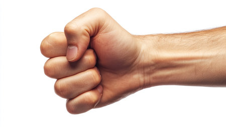 A firm thumbs-up from a hand with a strong grip, isolated on a clean, bright white background.の素材