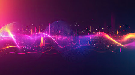 A futuristic design of sound waves vibrating in the air, with neon lights and a gradient background.の素材