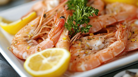 A fresh seafood platter featuring raw shrimp, bright yellow lemon wedges, and a sprig of herbs on a white dish.の素材