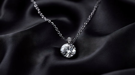 A fashion-forward jewelry shot featuring a modern cut diamond pendant on a black silk background.の素材