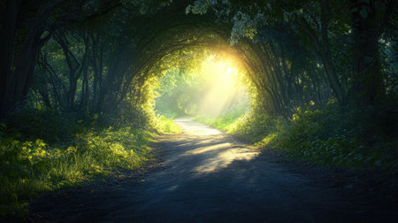 A mysterious natural tunnel with a dark road, the light at the far end offering a way out of the shadows.の素材